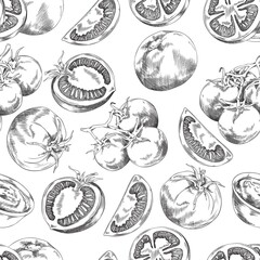 Hand drawn monochrome seamless pattern with different tomatoes and sauce sketch style