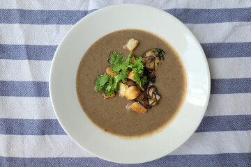 Creamy Mushroom Soup Close Up, Top View Image.