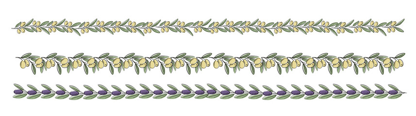 Hand drawn design elements - borders and decorations with olive fruits, branches