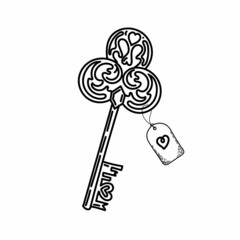 Vintage key, hand-drawn doodle in sketch style. Heart key. Decorative key. Tag on a string with a heart. Icon. Simple vector illustration.