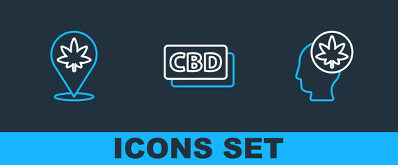 Set line Head with marijuana or cannabis, Location and and Cannabis molecule icon. Vector