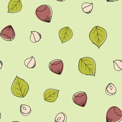 Hand drawn seamless pattern black and white of nuts, peanuts, almonds, pecans, cashews, hazelnuts.