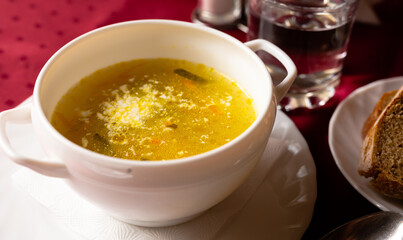 Soviet soup with pickles and barley. Leningrad rassolnik