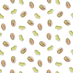 Hand drawn seamless pattern black and white of nuts, peanuts, almonds, pecans, cashews, hazelnuts.