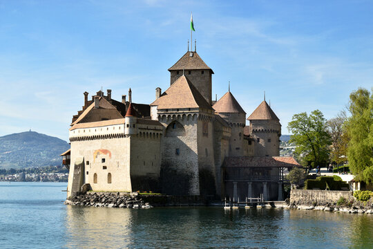 Chillon castle in Switzerland. Famous touristic  destination and landmark on Geneva lake. Editorial illustrative image.