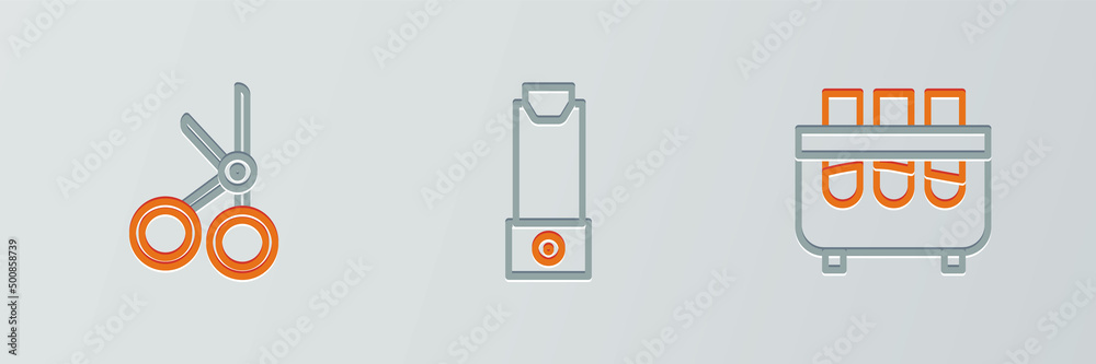 Wall mural set line test tube and flask, medical scissors and inhaler icon. vector