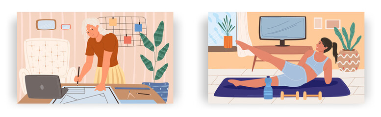 Home activities, landing page design, website banner vector templates. Woman working remotely from home, doing fitness.