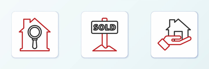 Set line Realtor, Search house and Hanging sign with text Sold icon. Vector