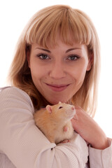 woman with red domestic rat