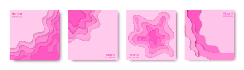 Set of paper cut background in sweet pink color. Square artboard Abstract paper art shape. Vector design Wavy geometric liquid flow graphic.
