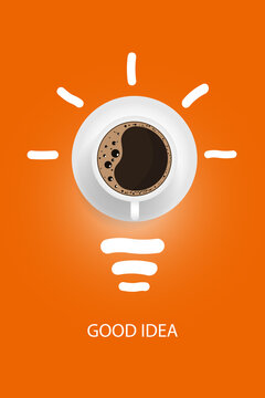 Good idea with coffee cup and light bulb on orange background. Vector illustration. © Natallia