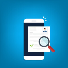 Online resume analysis, use phone and magnifying glass to view recruitment resume, concept of recruitment and human resources