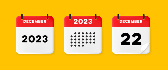 Calendar icon. December. 2023 22 day. Calendar with raised pages. Red calendar isolated on yellow background. 3d vector illustration.