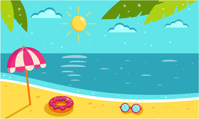 Fototapeta na wymiar Summer background. Vector flat summer illustration of sea, sun, beach. Cartoon summer landscape with sea and beach. Summer bright banner. Copy space