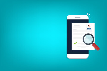 Online resume analysis, use phone and magnifying glass to view recruitment resume, concept of recruitment and human resources