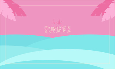 Abstract summer pink and blue background. Vector flat summer illustration. Summer bright banner sea and sky. Copy space.