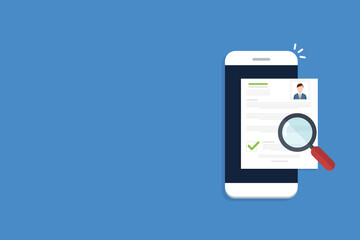 Online resume analysis, use phone and magnifying glass to view recruitment resume, concept of recruitment and human resources