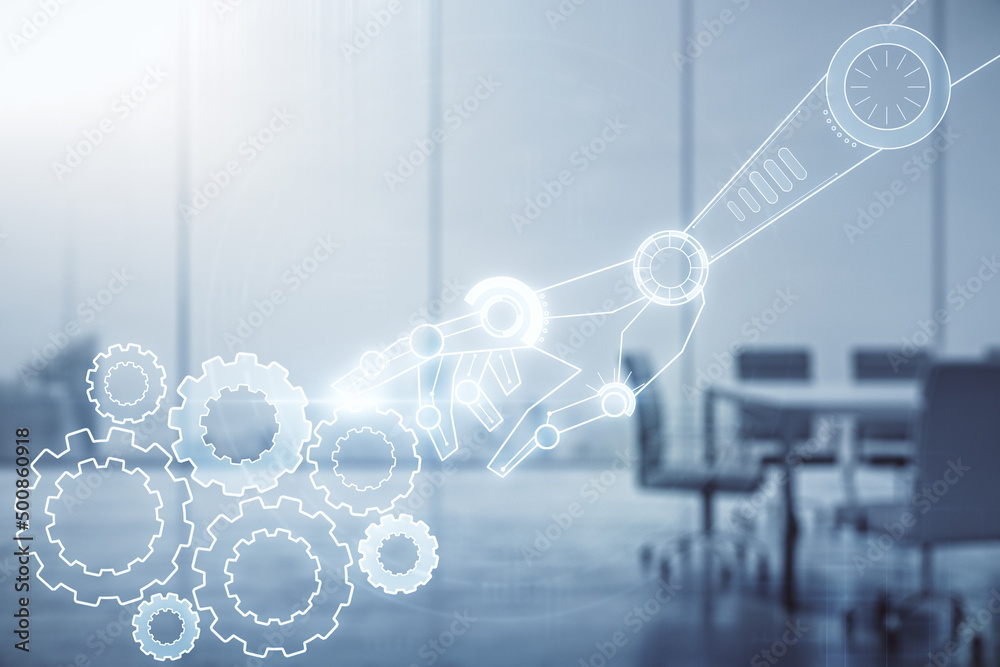Aufkleber Abstract virtual robotics technology sketch on a modern boardroom background, future technology and AI concept. Double exposure