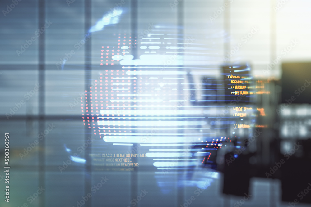 Poster multi exposure of abstract programming language hologram and world map on a modern furnished office 