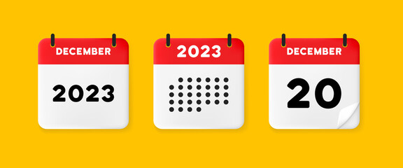 Calendar icon. December. 2023 20 day. The concept of waiting for an important date. Calendar with raised pages. Red calendar isolated on yellow background. 3d vector illustration. - obrazy, fototapety, plakaty