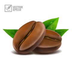 3d realistic macro set of two coffee beans with leaves