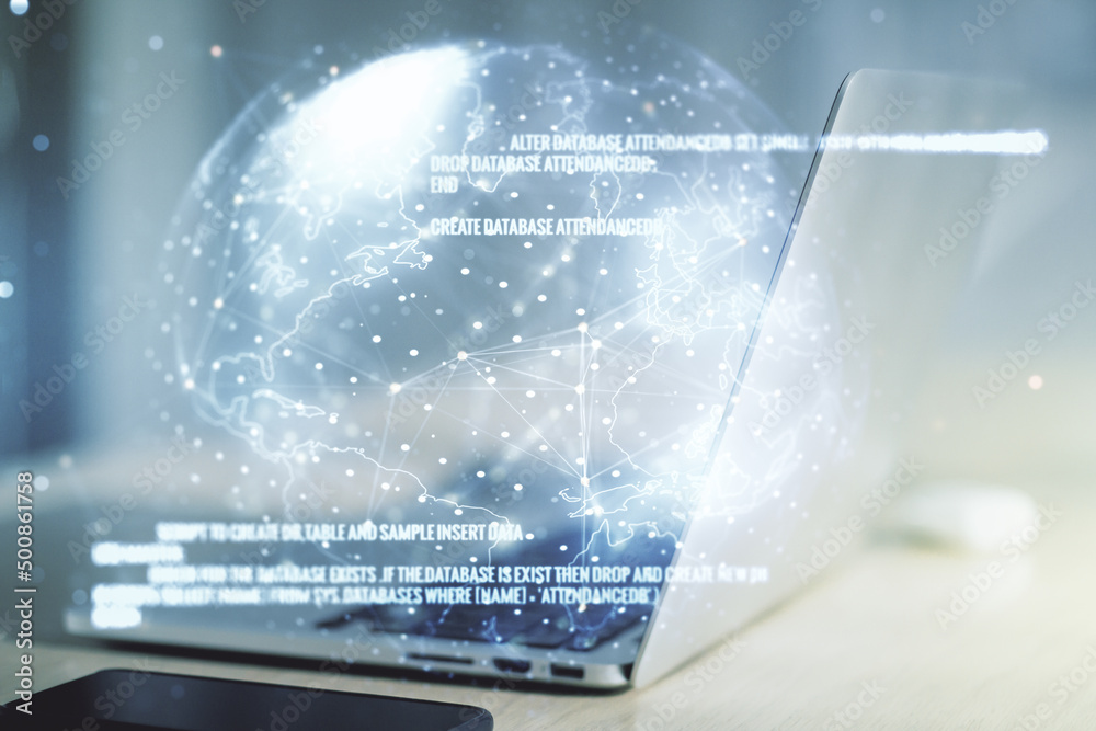Poster double exposure of abstract creative programming illustration with world map on computer background,