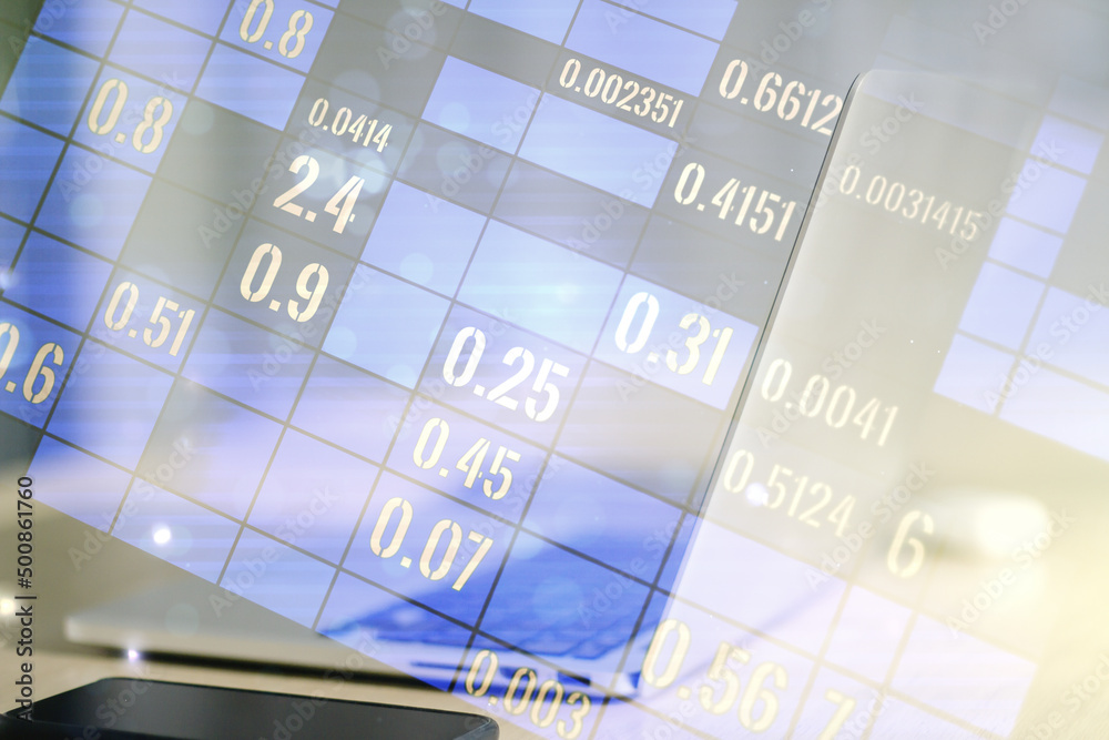 Poster double exposure of abstract creative statistics data hologram on computer background, analytics and 