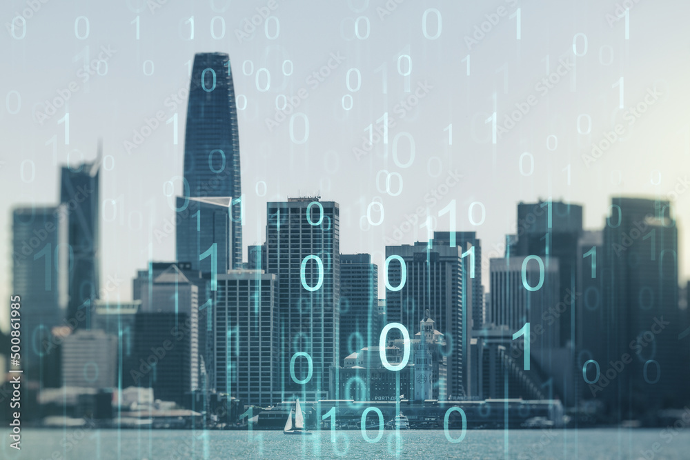 Aufkleber abstract virtual binary code illustration on san francisco skyline background. big data and coding c