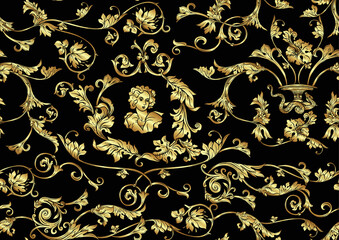Seamless pattern, background In baroque, rococo, victorian, renaissance style. Trendy frolar vintage pattern. In gold and black vector illustration