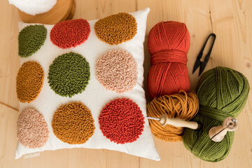 Modern punch needle kit for beginners. Embroidery set. Create textile objects, pillows, rugs, wall-hangings. Handicraft, hobby, diy for decoration home concept