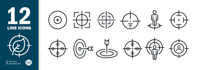 Set of icons of sights and targets. Accuracy check. Shooting with weapons and bows. Hitting the target. Vector eps 10