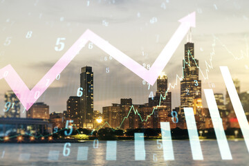 Multi exposure of virtual abstract financial graph and upward arrow on Chicago city skyline...