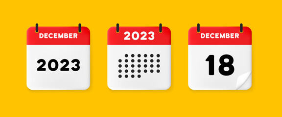 Calendar icon. December. 2023 18 day. The concept of waiting for an important date. Calendar with raised pages. Red calendar isolated on yellow background. 3d vector illustration. - obrazy, fototapety, plakaty