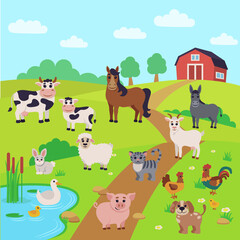 Farm animals in the field. Duck Pond