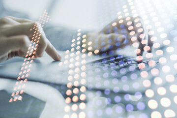 Creative abstract upward arrows sketch and hands typing on computer keyboard on background, target and goal concept. Multiexposure