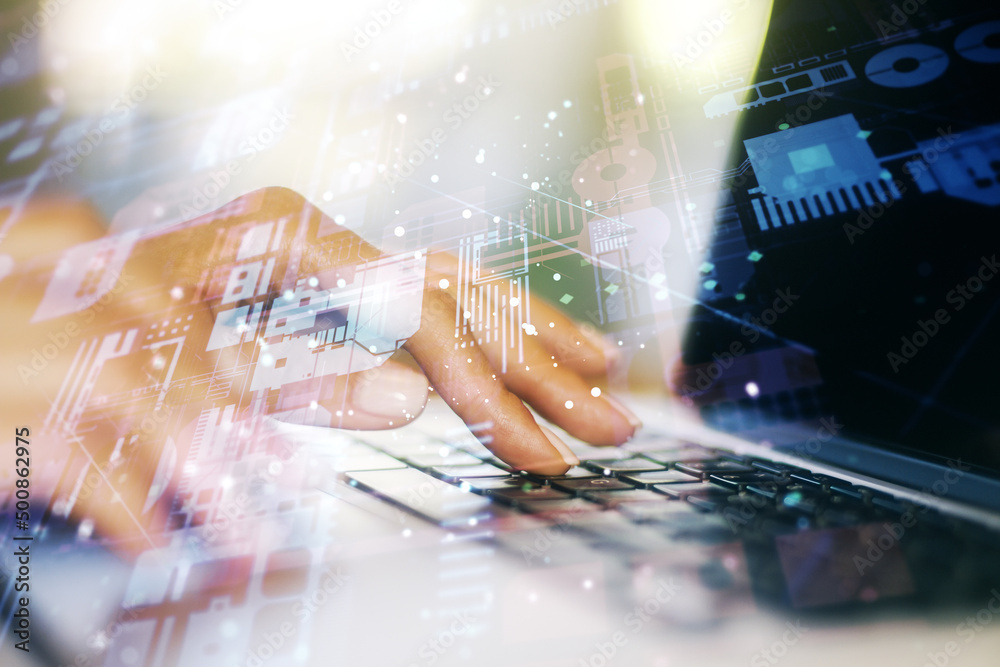 Poster double exposure of abstract programming language hologram with hands typing on laptop on background,
