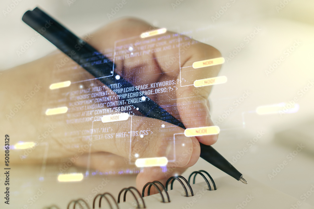 Fototapete multi exposure of abstract graphic coding sketch with man hand writing in diary on background, big d