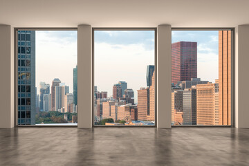 Fototapeta na wymiar Downtown Chicago City Skyline Buildings from High Rise Window. Beautiful Expensive Real Estate overlooking. Epmty room Interior Skyscrapers View in Penthouse Cityscape. Sunrise. 3d rendering.