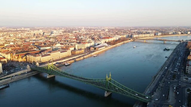 4K drone shot of Liberty bridge in Budapest Hungary with Danube river view
