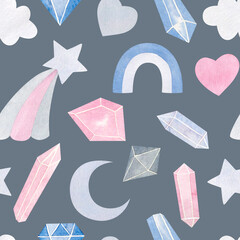 Hand-drawn watercolor seamless pattern with crystals