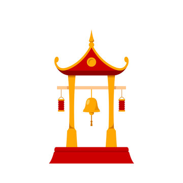 Asian Traditional Building with Bell and Red Lanterns, Cultural Asian Architecture Object, Bonsho Travel Landmark