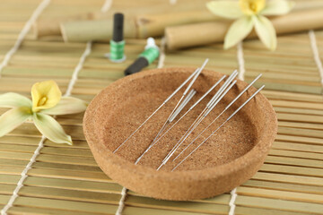 Cork plate with acupuncture needles on bamboo mat