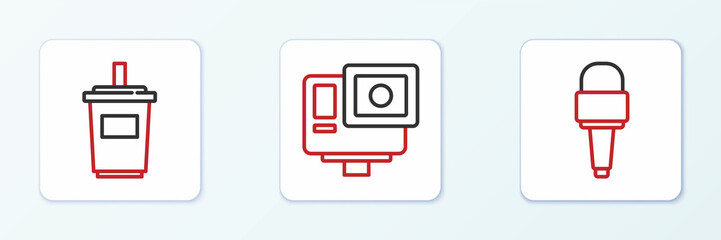 Set line Microphone, Paper glass with water and Action extreme camera icon. Vector