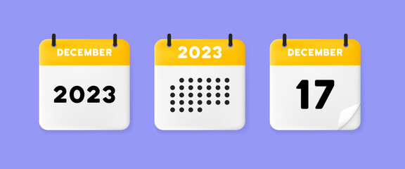 calendar icon. December. 2023 17 day. The concept of waiting for an important date. Calendar with raised pages. Yellow calendar isolated on purple background. 3d vector illustration. - obrazy, fototapety, plakaty
