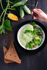 gazpacho cold soup from avocado, asparagus and cucumber. detox diet. Vegetarian dish.