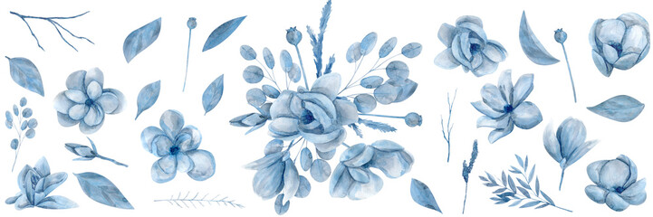 Watercolor hand drawn set illustration with blue magnolia flowers