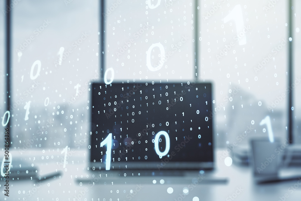 Poster creative concept of binary code illustration on modern laptop background. big data and coding concep