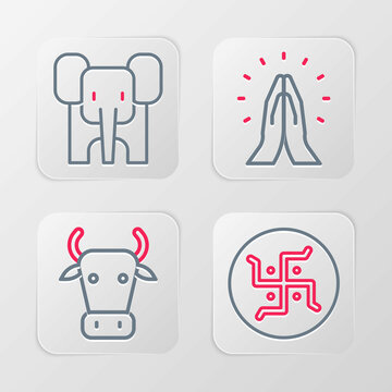 Set line Hindu swastika, Cow, Hands praying position and Elephant icon. Vector