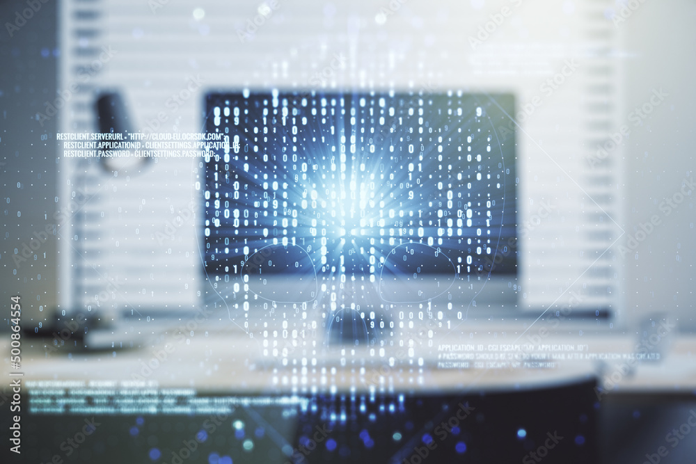 Poster Creative code skull hologram on modern computer background, cybercrime and hacking concept. Multiexposure