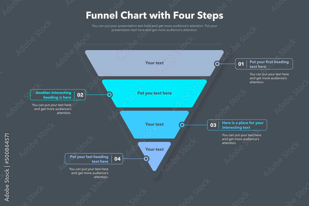 Aufkleber Funnel chart template with four colorful steps - dark version. Easy to use for your website or presentation.